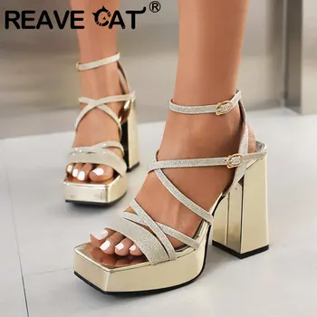 Дамски сандали REAVE КОТКА с квадратни пръсти, блочный ток 12 cm платформа 3 cm, перекрещивающийся каишка с катарама, голям размер 40, пикантни модни дамски обувки за партита