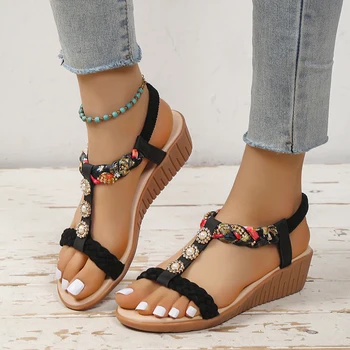 Дамски сандали в ретро стил с кристали, лято 2023, римски чехли с еластична лента в регионален стил, Обувки на платформа Zapatos De Mujer