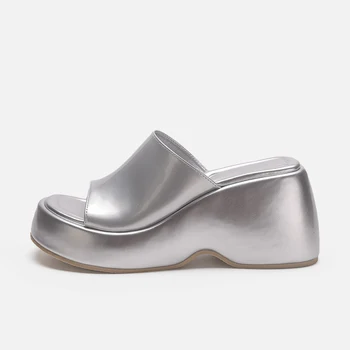 Дамски сандали на платформа чехли с модерен метален блясък и отворени пръсти, пролетни ежедневни сандали-слипоны 2023