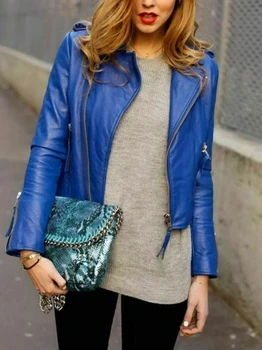 Дамски синьото яке от 100% естествена кожа, женски приталенное байкерское палто, модни връхни дрехи