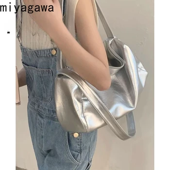 Дамски сребърен чанта Miyagawa за подмишниците 2023, Нова чанта-тоут, универсална чанта през рамо с голям капацитет, корейски модерни портмонета и чанти