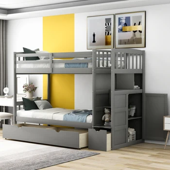 Двойна стая двуетажно легло, разтегаем долната легло, етажерки и кутии за съхранение, сиво
