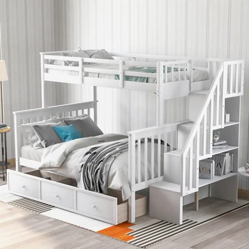 Двуетажно легло с чекмедже, място за съхранение и парапет за спални, общежития за възрастни, бели на цвят