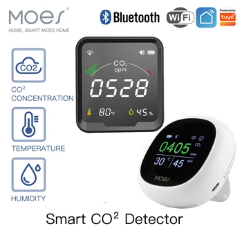 Детектор за Въглероден диоксид MOES за контрол на качеството на въздуха с Будилник, Температурен Монитор, Тестер влажност на въздуха, WiFi/БТ, Sasha Smart, 3 в 1, CO2