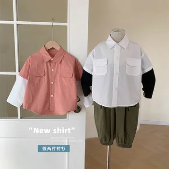 Детски дрехи 2023, пролет-есен, нови модни ризи от две части в корейски стил, красиви ежедневни ризи с писмото принтом