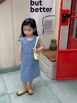 Детски дрехи, дрехи джинсовое рокля за момичета в корейски стил, новост 2023 година, пролетта и лятото ежедневното просто модерни дрехи за момичета с джобове