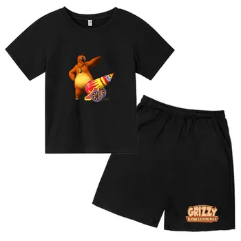 Детски ежедневни тениски с шарките на Гризли и къс ръкав + панталони, костюми за момчета и момичета 4-14 години, лятна спортни дрехи за деца