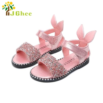 Детски нови сандали за малки момичета, модерни блестящи кристали, обувки за малки момичета с заячьими уши, детски сандали на равна подметка 13-22 см