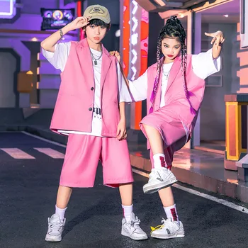 Детски облекла в стил хип-хоп за момичета и момчета, летен розов костюм с ревери, блейзър без ръкави, яке, свободни ежедневни панталони, 2 броя, облекло за улични танци