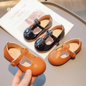 Детски обувки Mary Jane, от мека кожа патент за момичета, нескользящие на модела детски обувки на принцесата за момичета, черно-кафява училищни обувки за момичета