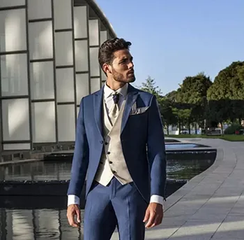 Джентълменско Тъмно-синьо сако, Панталони, Сватбени смокинги, Мъжки Официални костюми, Бизнесмени, Сватбени блейзери за младоженеца (Сака + Панталони + Жилетка)