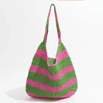 Дизайнерска дамска сламена чанта в ивица с голям Капацитет, ежедневни дамски чанта-тоут, лятна Чанта за плаж, почивка
