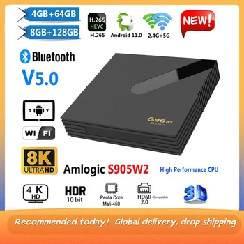 Дистрибуция Q96 W2 За домашно кино, 8 GB, 128 GB, Bluetooth 5,0 2,4/5G Двойна WIFI Amlogic S905W2 телеприставка Android 11,0 Smart TV Box