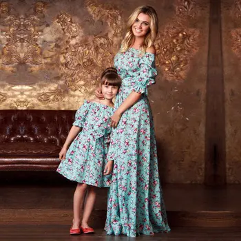 Дрехи за майка и дъщеря, рокли с къс ръкав и принтом, еднакви комплекти за семейството, мини-рокля с дължина до щиколоток, модерно рокля в семеен стил