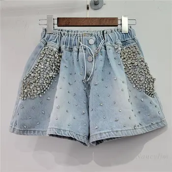 Дънкови къси панталони в стил мозайка с тежки кристали, лято 2023, Европейски Стил, Диаманти, Висока Талия, дънки с широки джобове за отслабване