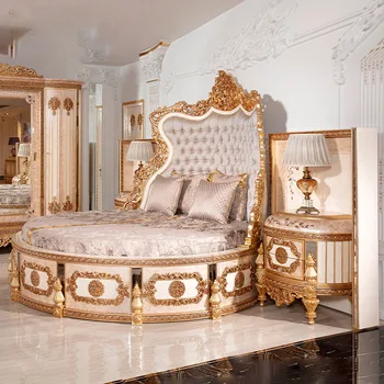 Европейската вила, кръгло легло от масивно дърво, френска голяма семейна резбовани легло, основна спалня, принцеса, двойно сватбена легло, мебели по поръчка