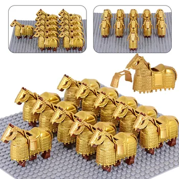Единични военни конски строителни блокове със злато, сребро, тухли в тежка броня, фигурки на войници, стойки, Принадлежности, детски играчки, Подаръци 