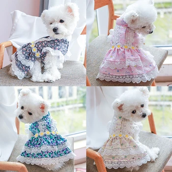 Елегантна рокля с дантелено цветен печат за малки кученца, летни дрехи за момичета, на принцеса рокля за куче и котка, костюм за парти, сватба, рожден Ден