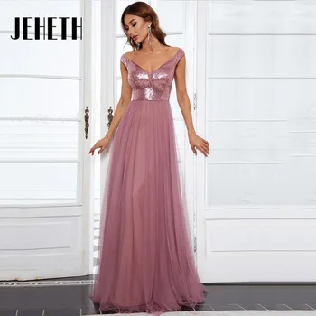 Елегантни вечерни рокли трапецовидна форма JEHETH 2023, луксозна бална рокля за бала с дължина до пода, без ръкави, с V-образно деколте и пайети, сшитое по поръчка