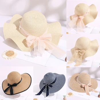 Елегантни дамски плажни сламени шапки с широка периферия и лък, леки и дишащи летни шапки-ведерки за дневно пътуване