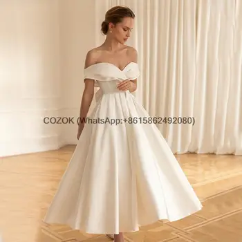 Елегантни сватбени рокли за годеж и за булката с открити рамене 2023, сватбена рокля с дължина до чай по поръчка, лък трапецовидна форма, Скъпа
