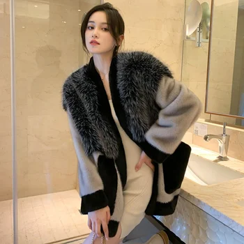 Есенно-зимно дамско палто с къс V-образно деколте, внос дългогодишна норковая палто, ново, луксозно топло палто плюшевое