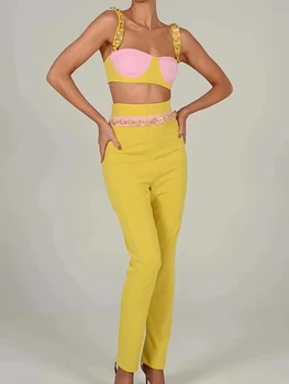 Жена Годишният Модерен Секси комплект от две панталони в стил мозайка без ръкави с копчета, бандажный комплект 2022, модерен женски комплект известни личности, дизайнерски комплект