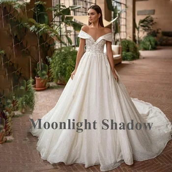 Жена сватбена рокля с открити рамене, дантелени апликации, елегантни булчински рокли, шаферски рокли без ръкави, Vestido De Casamento
