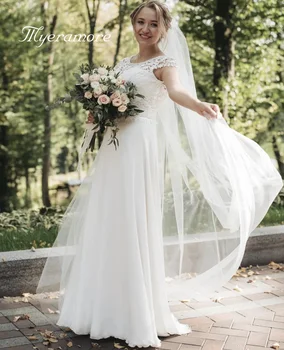 Жена сватбена рокля трапецовидна форма, с кръгло деколте, лейси апликация, расшитая мъниста сватбена рокля с отворен гръб, елегантна шифоновое премяна