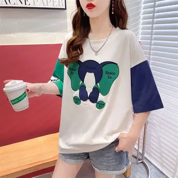 Женска тениска с къс ръкав DAYIFUN, лято 2023, универсални корейски тениски в контрастен цвят, върховете в контрастен цвят с бродерия свободен дизайн