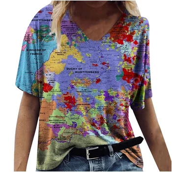 Женска тениска, Тениски с 3D принтом Карта на света, Дамски модни тениска с V-образно деколте, Потник с къс ръкав, Тениски, Дрехи Y2k, Дамски Блузи, Лято
