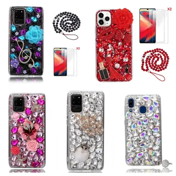 за Alcatel 3 2019 Калъф за мобилен телефон с 2 бр. защитно фолио за екрана и каишка, девчачьи диаманти, блестящи кристали, мек калъф за телефон за жени