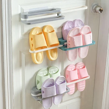 Закачалка за обувки 3 в 1, сандали, закачалка за тапочек, стенни сгъваема полици за съхранение на хавлиените кърпи на самозалепваща се основа за дома, инструмент за съхранение в банята