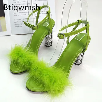 Зелени дамски сандали с пера, открит чорап, розова Кожа, Метални кухи необичайно висок ток за жени, пикантни обувки за партита