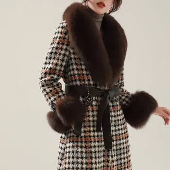 Зима 2022, безшевни пуховик, вълнено палто с от лисьего кожа, удължена модно кашемировое палто приталенного за намаляване на крайградските пътувания