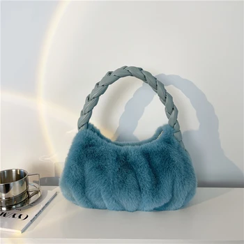 Зимни дамски сладко чанта през рамо от изкуствена кожа, дизайнерска чанта с ткаными дръжки, обикновена гънки, женствена чанта под мишниците, празничен клатч 2022
