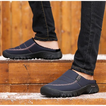 Зимни мъжки чехли, плюшени обикновена нескользящие мъжки обувки на плоска подметка за възрастни, топли памучни домашни меки и удобни мъжки чехли