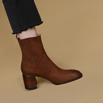 Зимни обувки на квадратен ток 6,5 см, кожени обувки в стил ретро, дамски Реколта обувки от телешка кожа с квадратни пръсти, пролетно-есенни ботильоны Botas