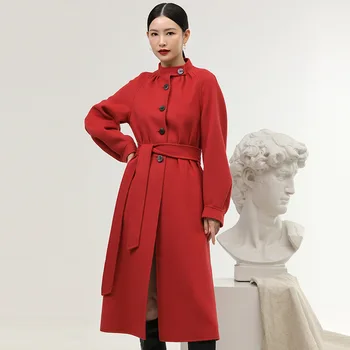 Зимно дамско кашемировое вълнена дълго дизайнерско палто в корейски стил 2022, връхни дрехи ръчна изработка, висококачествени дамски червени палта