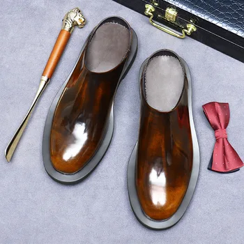 Италиански луксозни мъжки чехли, лоферы от естествена телешка кожа, ежедневни офис ниски обувки, дишаща чехли на равна подметка за мъже