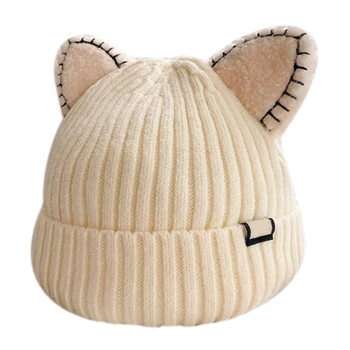 Кавайные шапки с кошачьими уши, вълнена вязаная капачка, однотонная плюшен капачка, градинска тенденция капачка, ежедневна топла шапка за деца за есен-зима