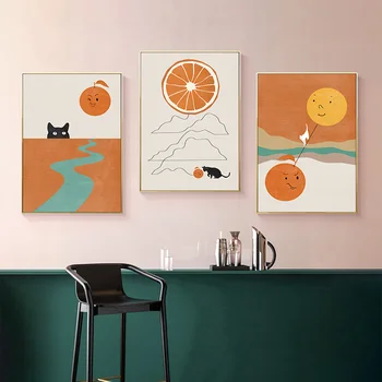 Картина върху платно с животни, плакат с хубав анимационни котка, плакат с оранжеви плодове, Стенни картини за спални, Начало декор, модерна декоративна живопис,