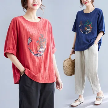 Китайската традиционна дрехи Дамски памучен бельо тениска топ Чонсам Ретро Свободен с къс ръкав 2021 Лятна Нова жените риза