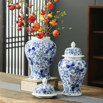 Китайски синьо-бял порцелан общ пот, една антична ваза Порцелан банка за джинджифил, Резервоар за съхранение, Вази за украса на дома