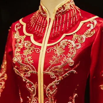 Класическа сватбена рокля в китайски стил, Чонсам, изискан банкет, Стилна булка, реколта пайети, beading, четката, бродерия Ципао