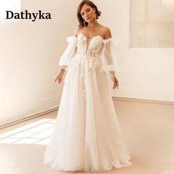 Класически приказно сватбени рокли Dathyka 2023 булката с ръкави-фенерчета, аппликацией, копчета, с отворен гръб от тюл във формата на сърце, персонализирани