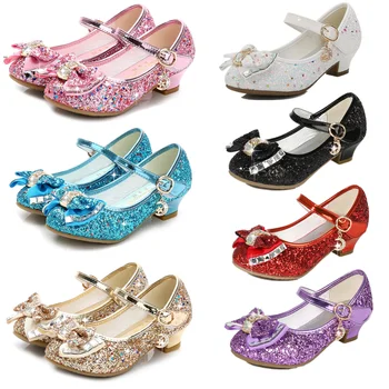 Кожени обувки на принцесата за момичета, блестящи сандали с кристали и възел на пеперуда на високи токчета, детски обувки за cosplay, обувки за танци