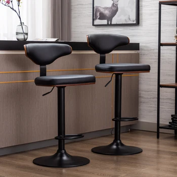 Комплект от 2 регулируеми продуктова столове, въртящ се бар стол с тапицерия от гнутого дърво орех, с черен