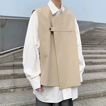 Корейската модерно яке без ръкави, мъжки реколта жилетки, trend асиметричен дизайн, свободен див жилетка, мъжки ежедневни тънък хакове, черен, Нов