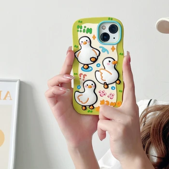 Корейски cartoony 3D happy duck waves текстурный силиконов калъф за телефон iPhone 14 Pro Max 11 12 13 Pro Max сладък мек калъф устойчив на удари